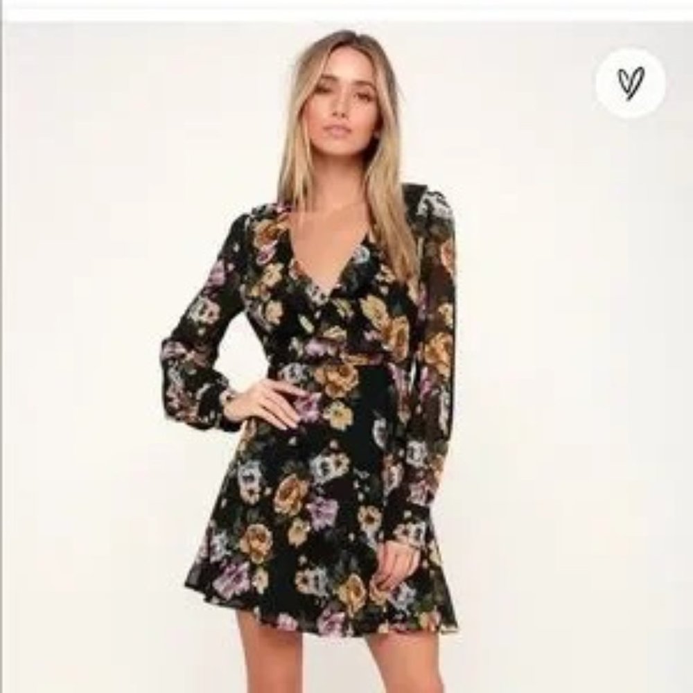 Lulus Love Abound Black Floral Long Sleeve Dress Med